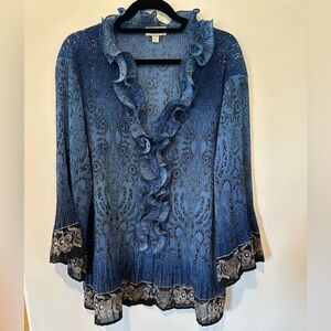 Dressbarn Glitter Blue and Black Ruffled Blouse
